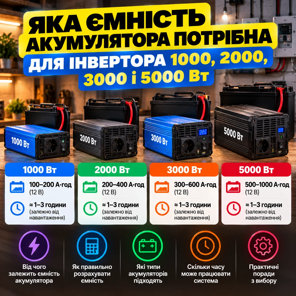 Яка ємність акумулятора потрібна для інвертора 1000, 2000, 3000 і 5000 Вт
