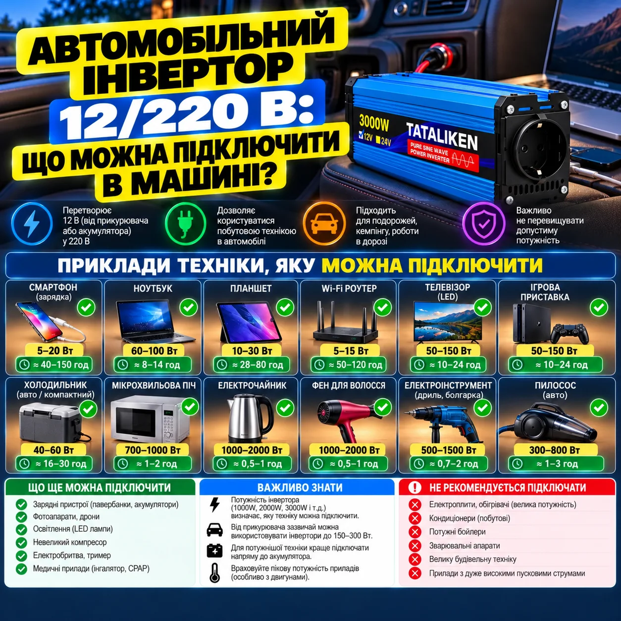 Автомобільний інвертор 12/220 В: що можна підключити в машині