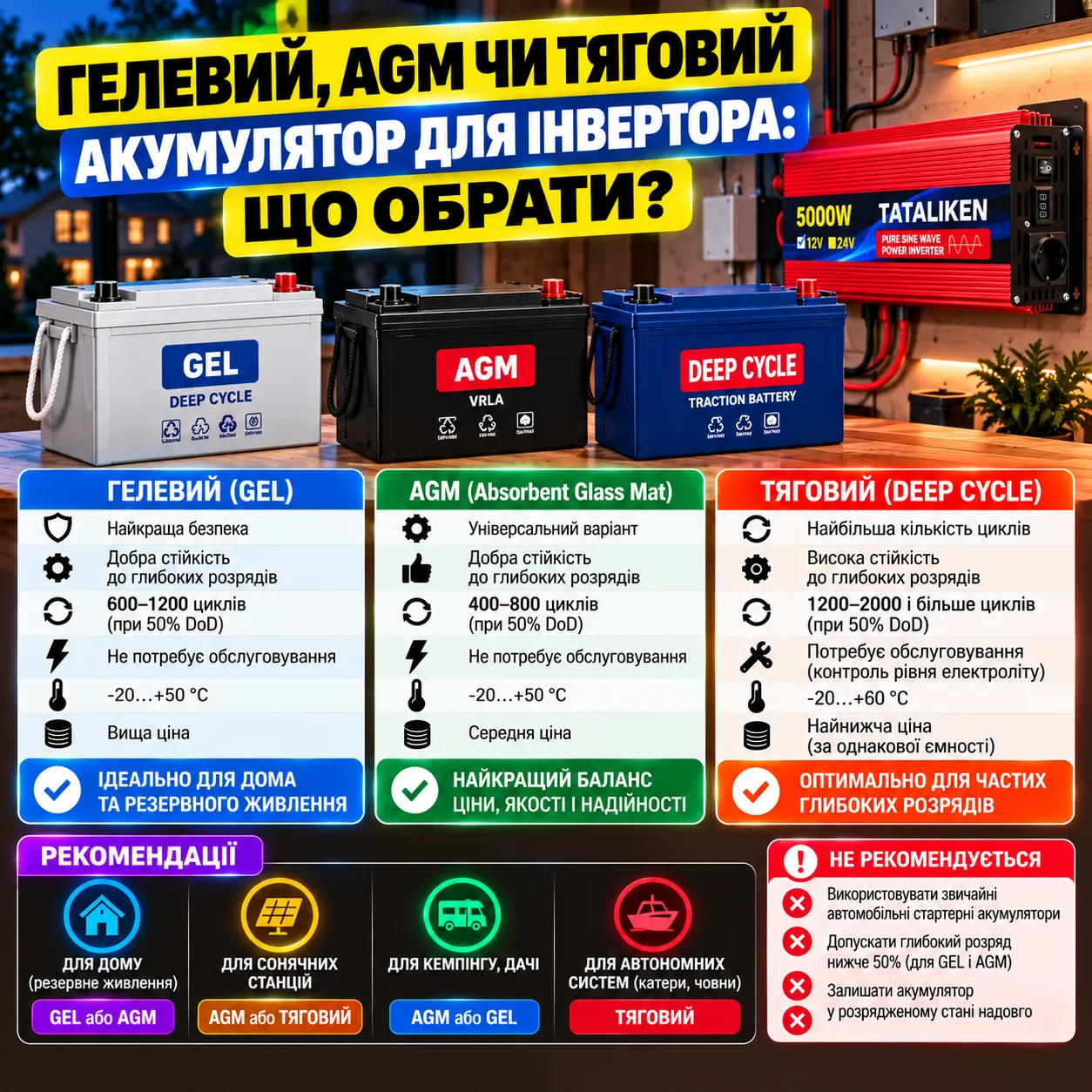 Гелевий, AGM чи тяговий акумулятор для інвертора: що обрати