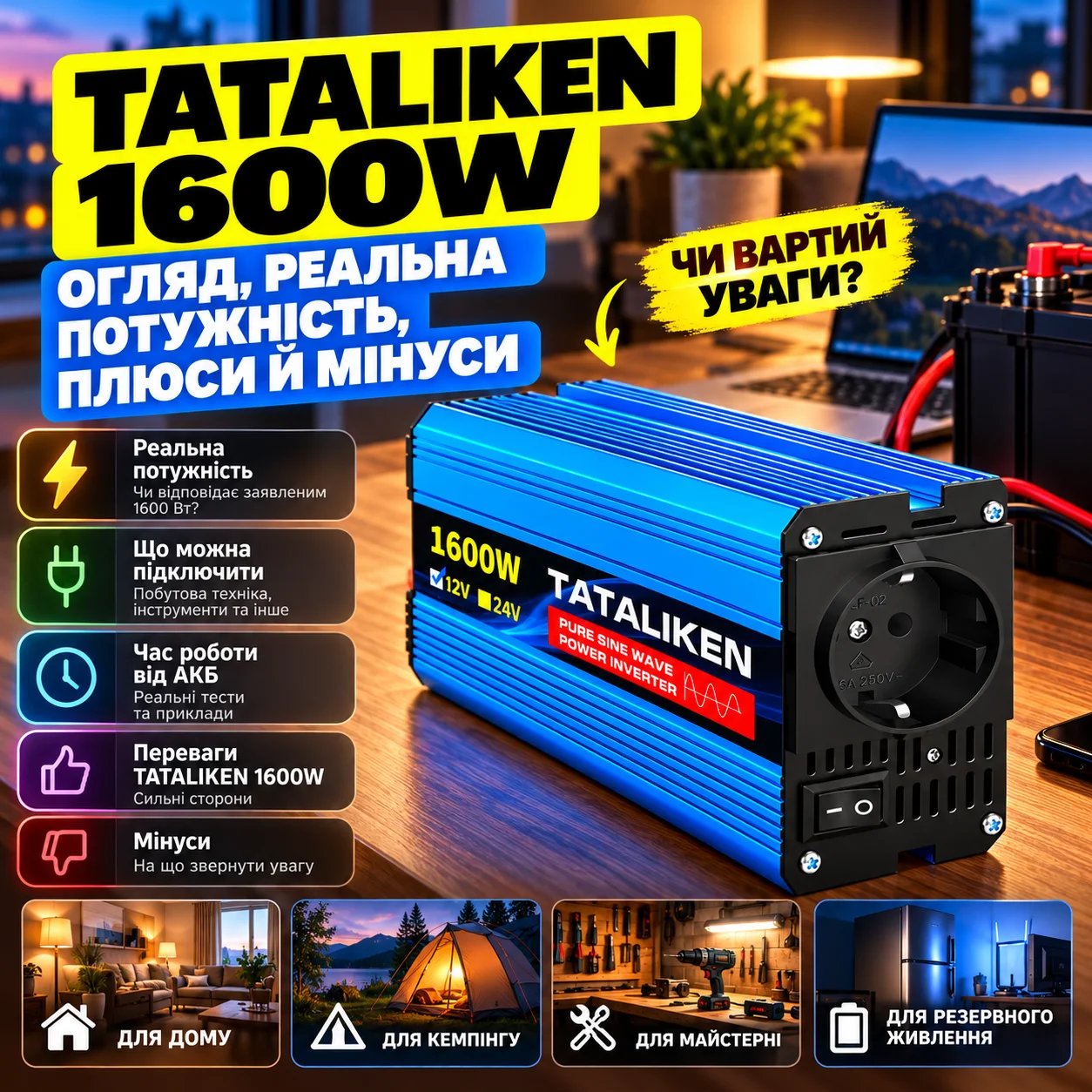Інвертор TATALIKEN 1600W (Таталікен 1600) 12 В на 220 В з чистою синусоїдою