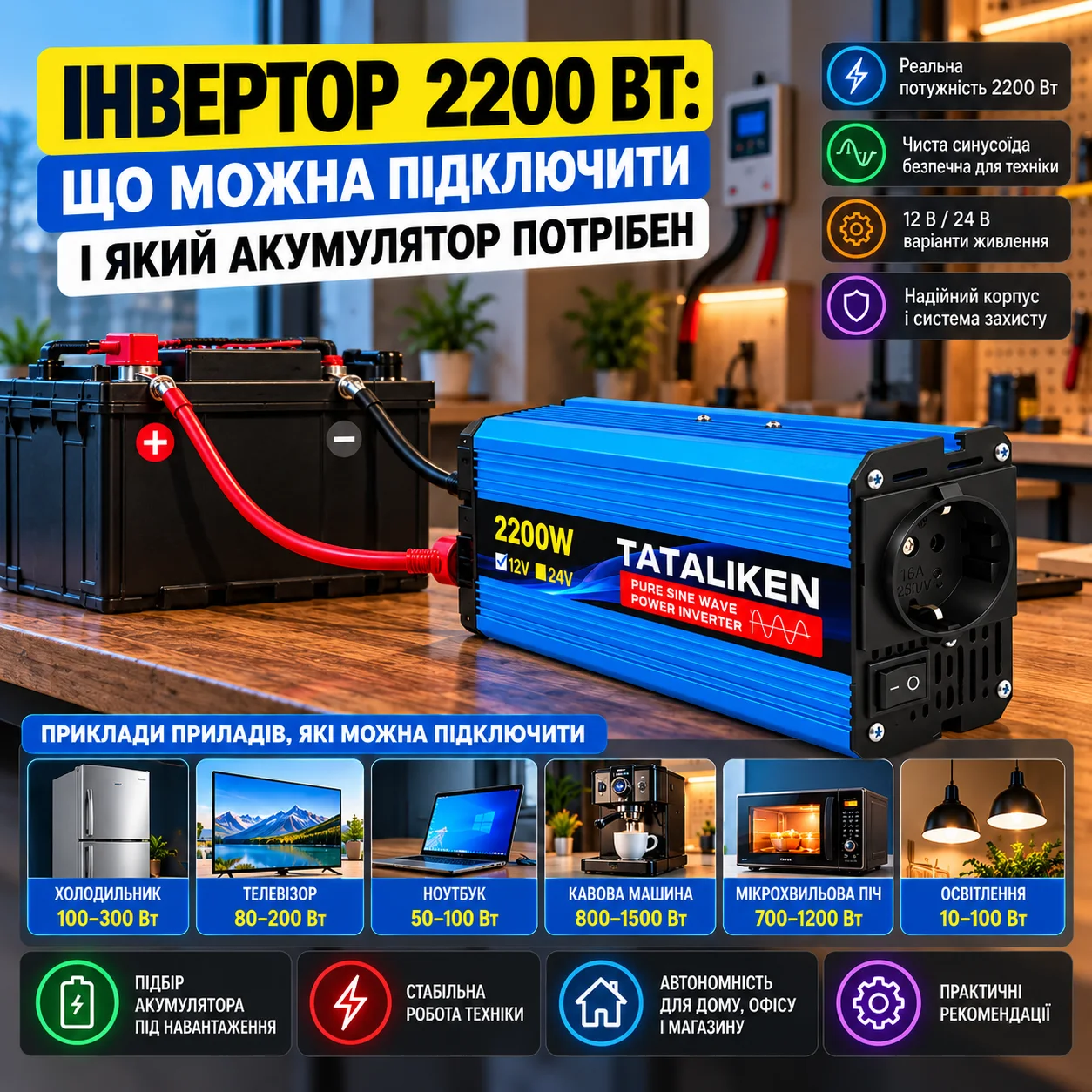 Інвертор 2000–2200 Вт: що можна підключити і який акумулятор потрібен