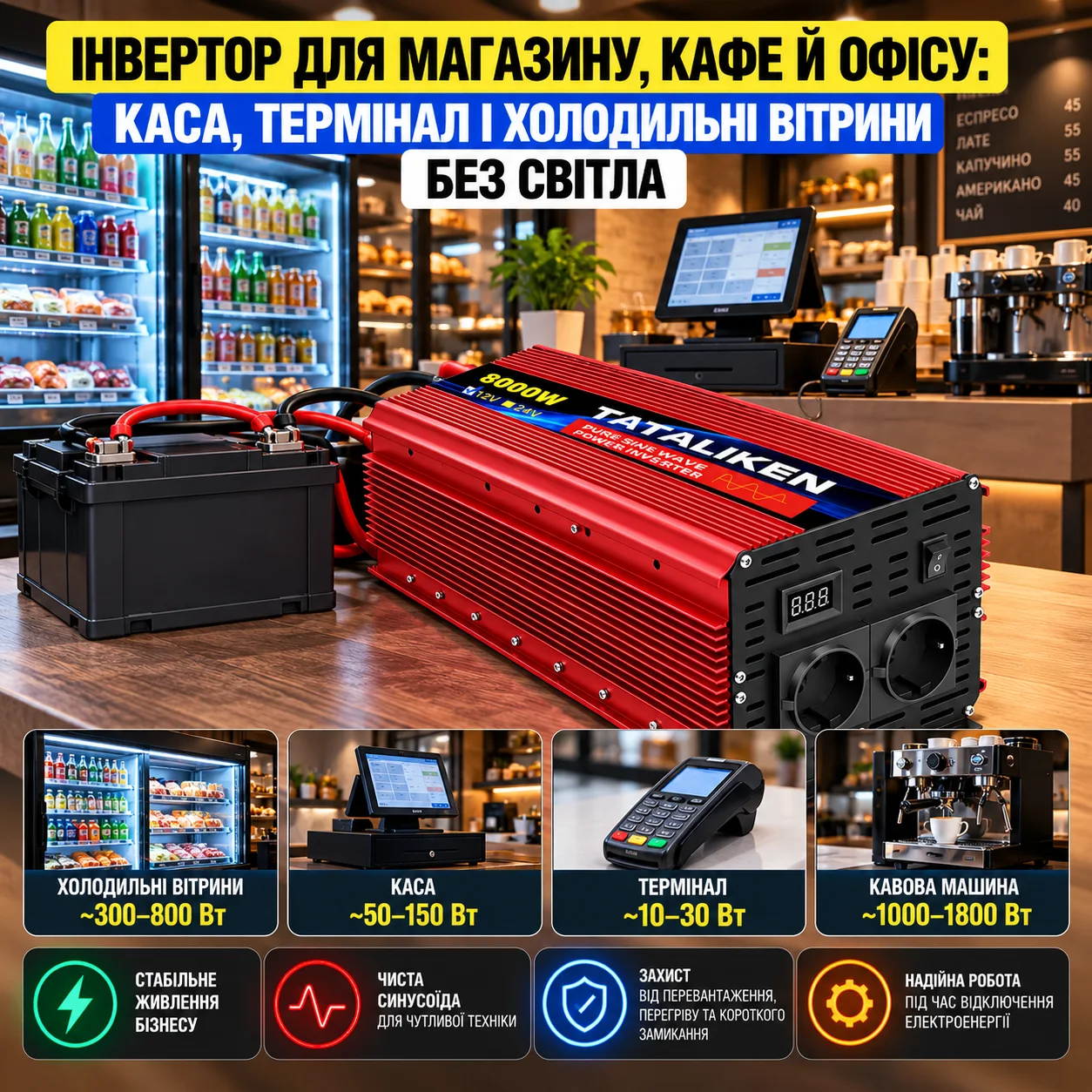 Інвертор для магазину, кафе й офісу: каса, термінал і холодильні вітрини без світла