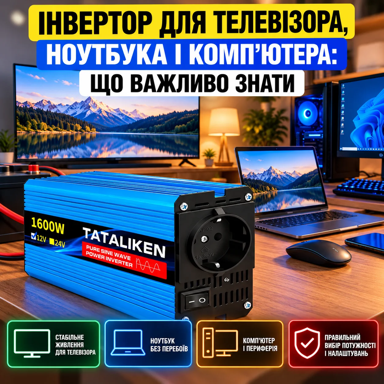 Інвертор для телевізора, ноутбука і комп'ютера: що важливо знати