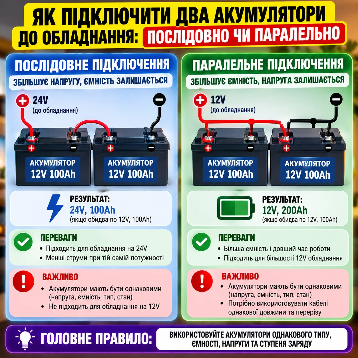 Як підключити два акумулятори до інвертора: послідовно чи паралельно