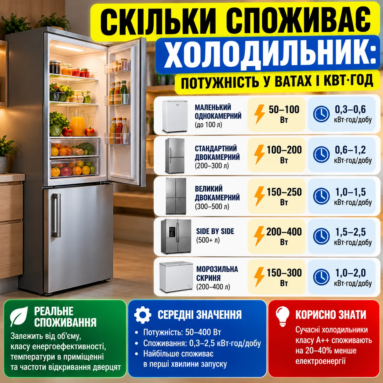 Скільки споживає холодильник: потужність у ватах і кВт·год