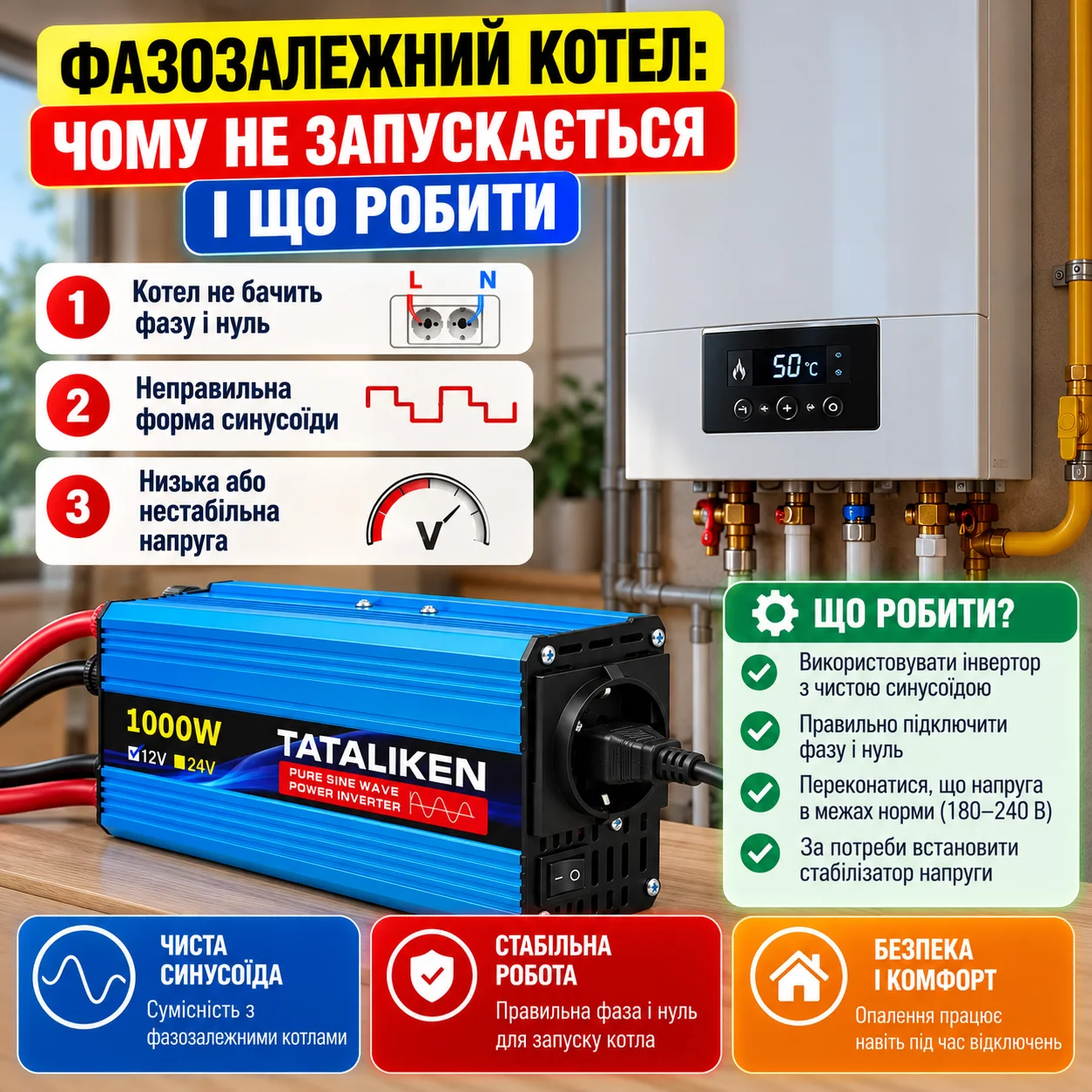 Фазозалежний котел та інвертор: чому котел не запускається і що робити