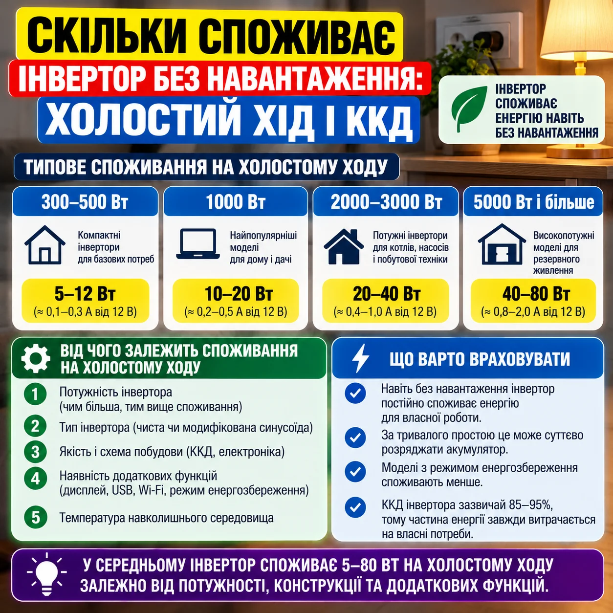 Скільки споживає інвертор без навантаження: холостий хід і ККД