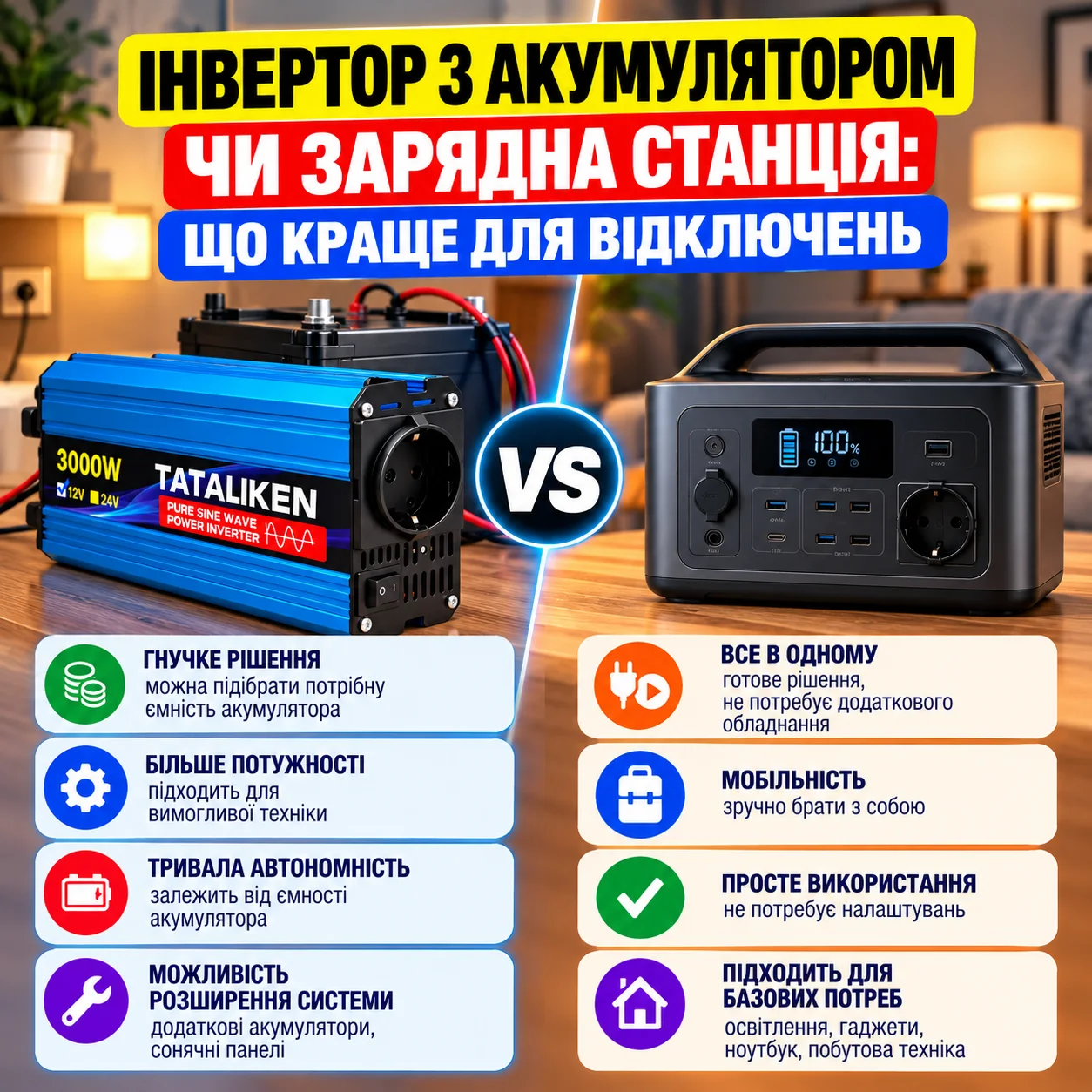 Інвертор з акумулятором чи зарядна станція: що краще для відключень