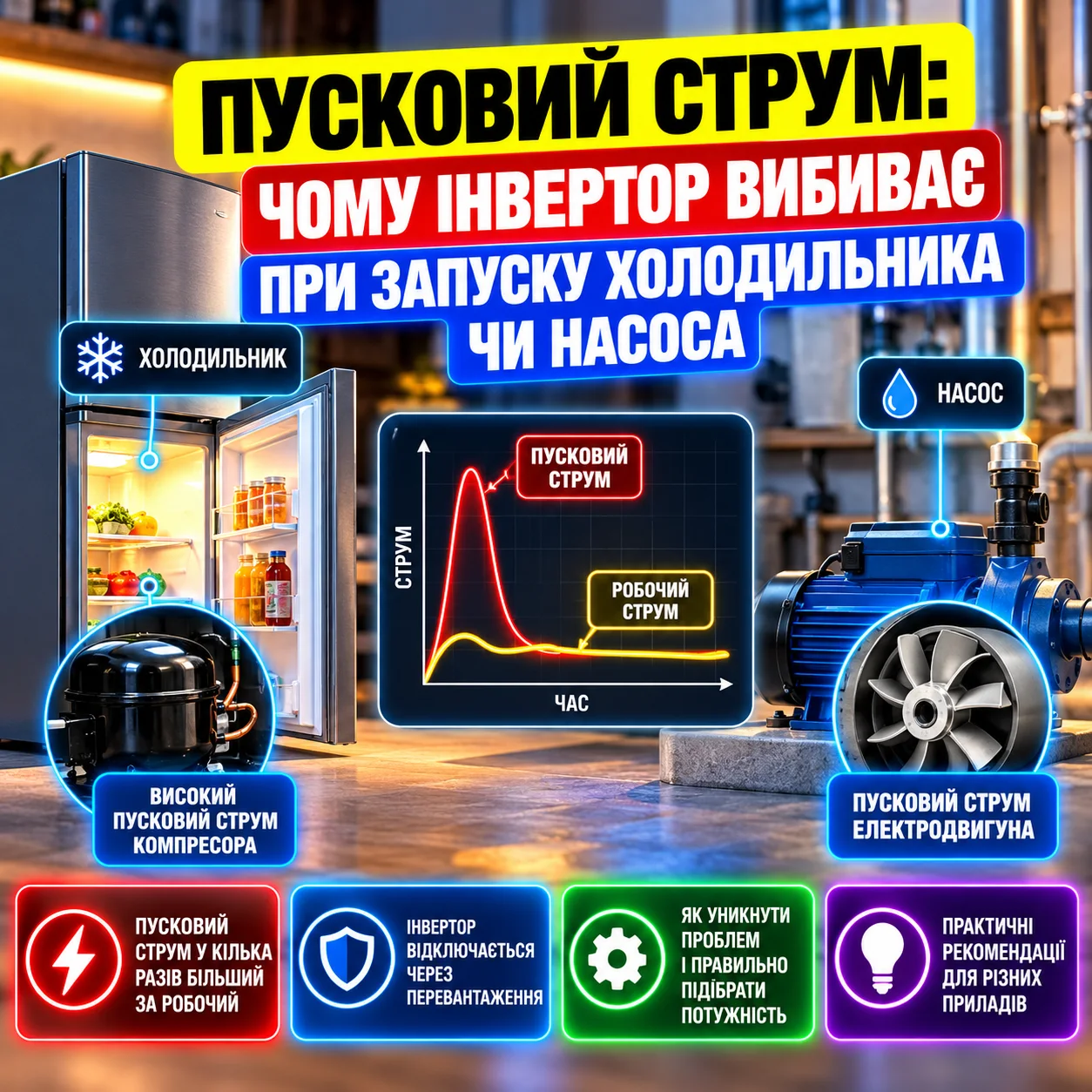 Пусковий струм: чому інвертор вибиває при запуску холодильника чи насоса