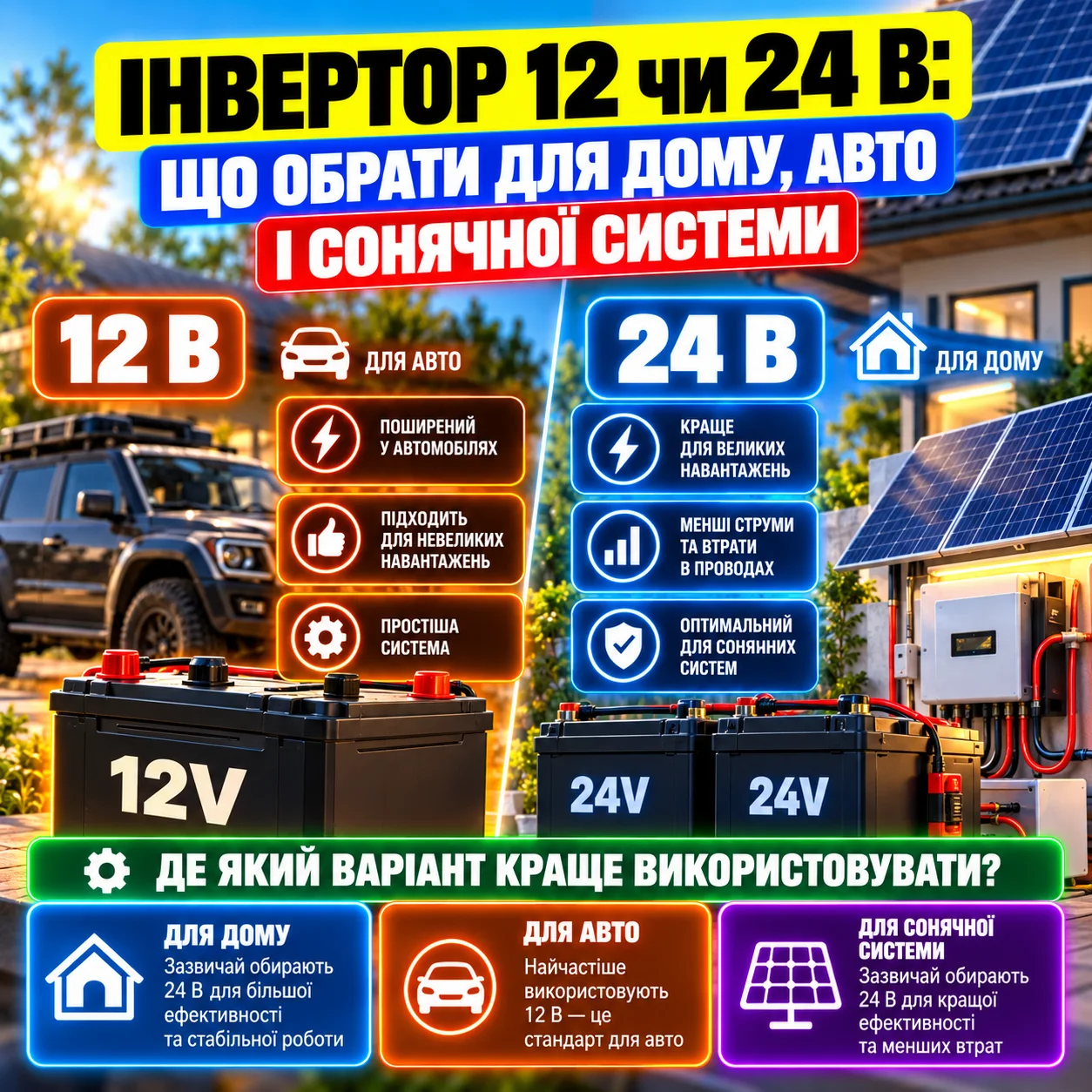 Інвертор 12 чи 24 В: що обрати для дому, авто і сонячної системи