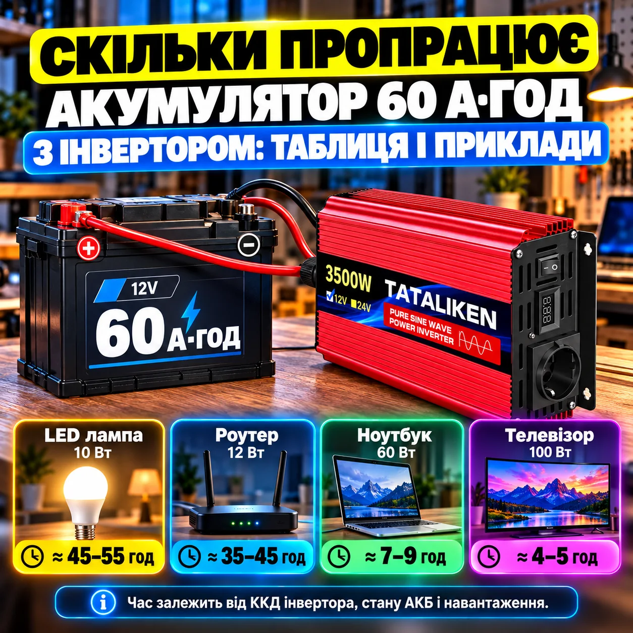 Скільки пропрацює акумулятор 60 А·год з інвертором: таблиця і приклади