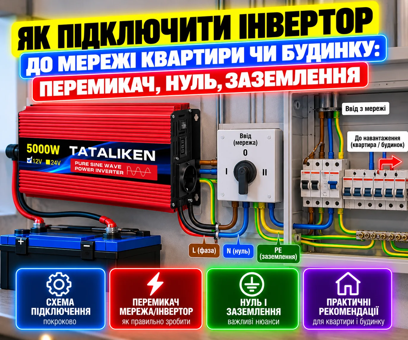 Як підключити інвертор до мережі квартири чи будинку: перемикач, нуль, заземлення