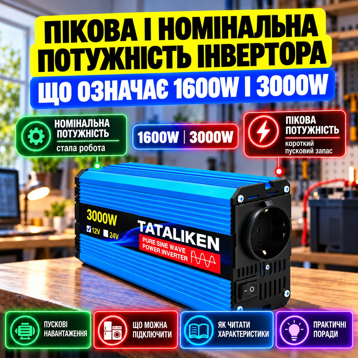 Пікова і номінальна потужність інвертора: що означає 1600W і 3000W