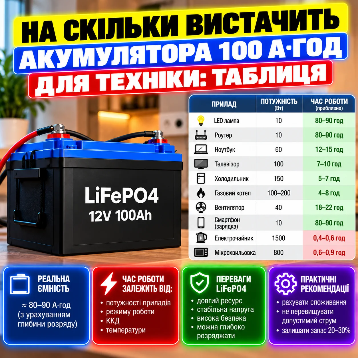 На скільки вистачить акумулятора 100 А·год з інвертором: таблиця для техніки