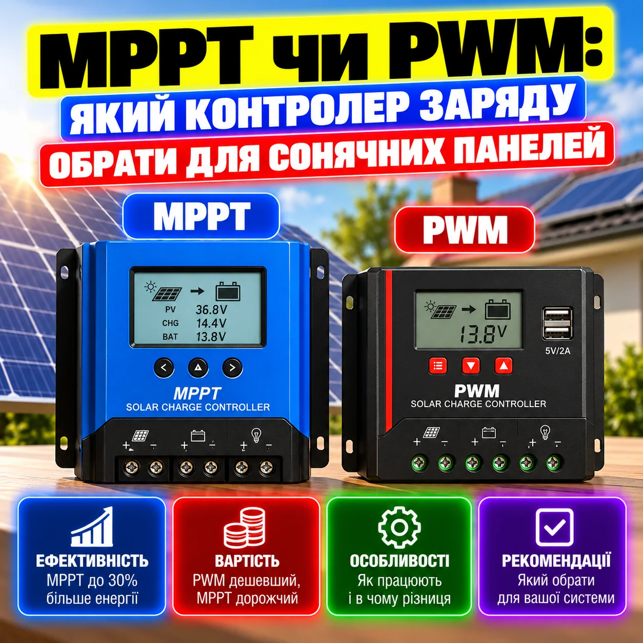 MPPT і PWM контролер заряду для сонячних панелей з інвертором