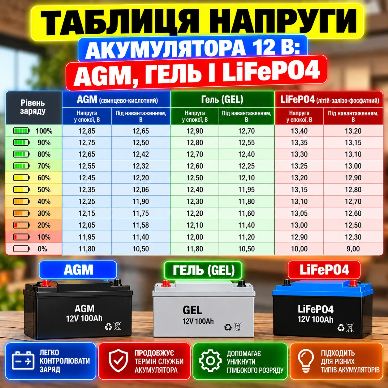 Таблиця напруги та заряду акумулятора 12 В для інвертора