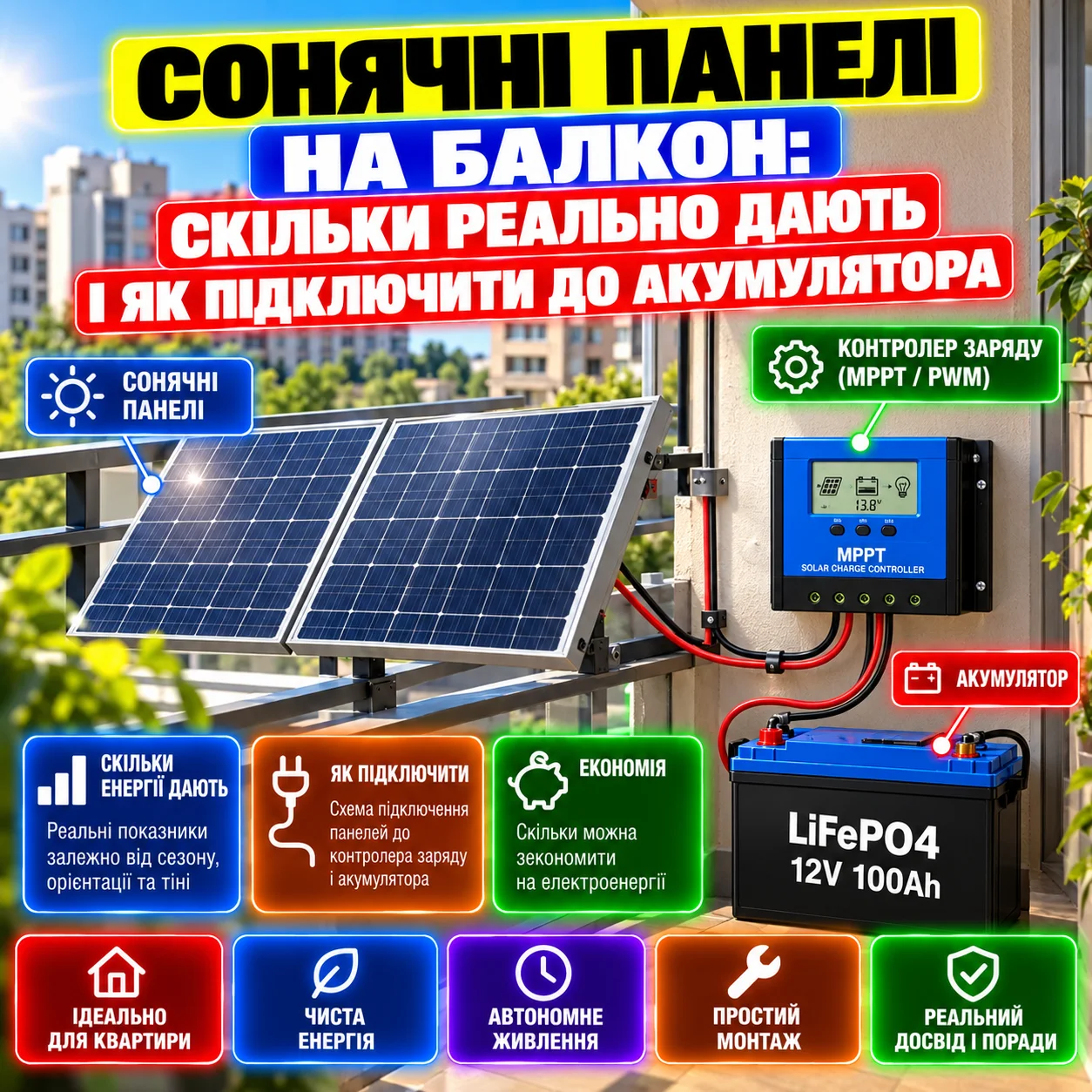 Сонячні панелі на балконі квартири з акумулятором та інвертором