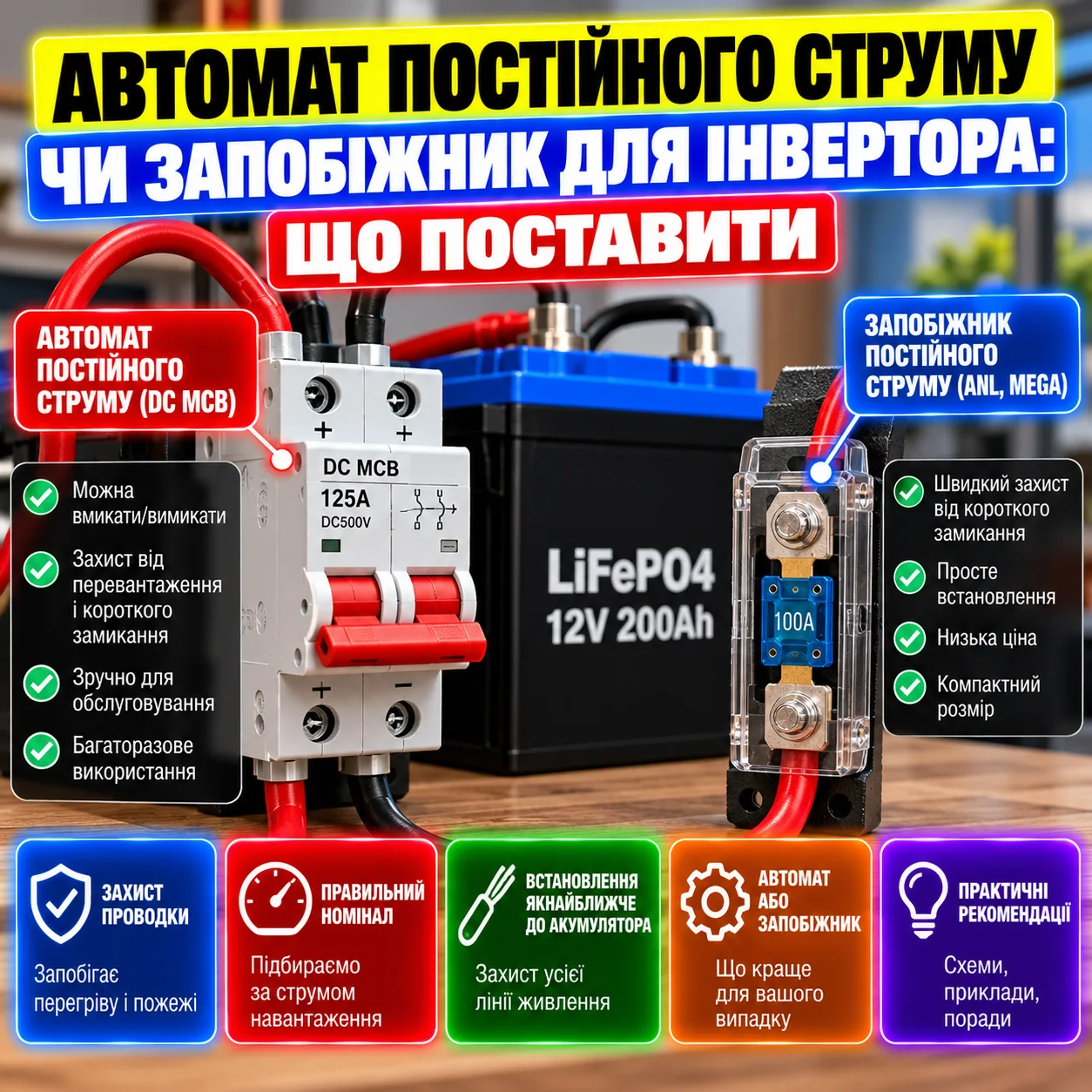 Автомат постійного струму і запобіжник між акумулятором та інвертором